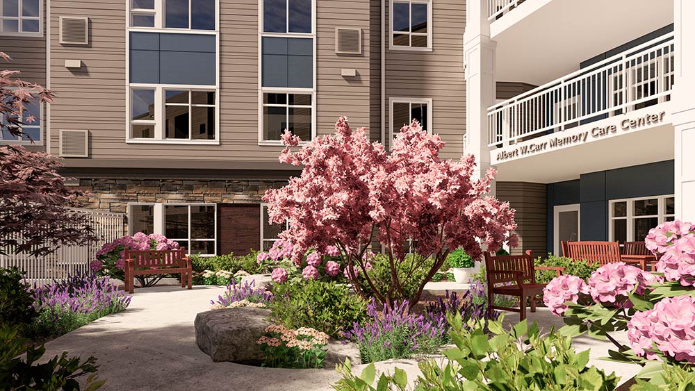 Concept render of courtyard garden for Wesley Des Moines Care Center and Arbor Memory Care